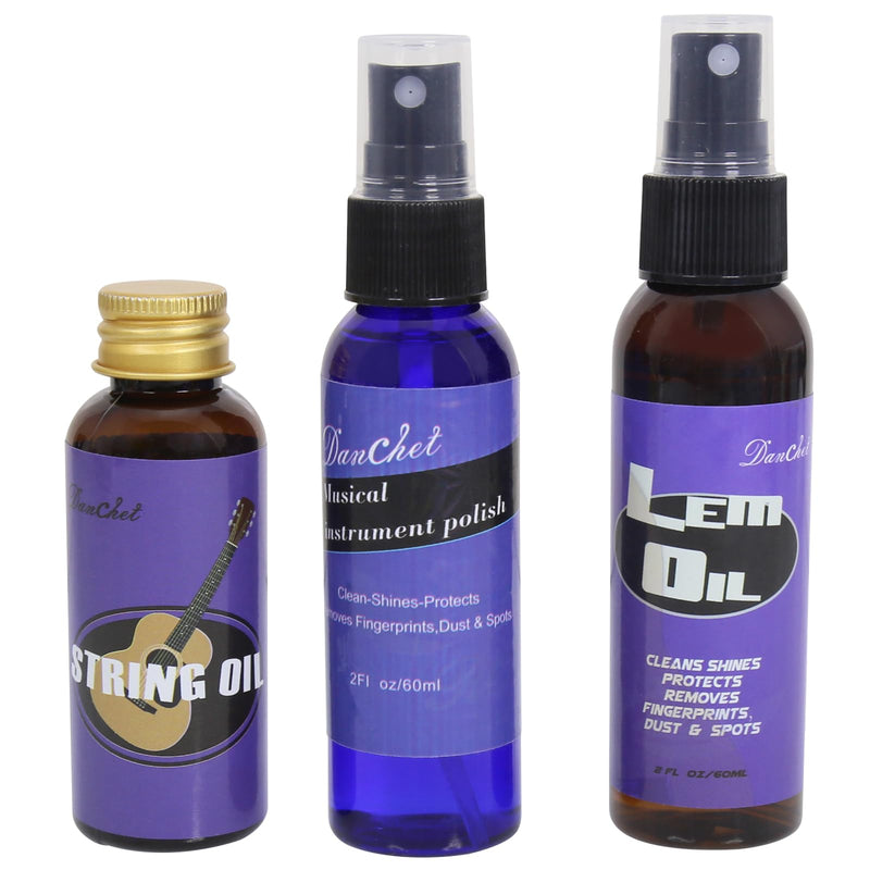 Deluxe Guitar Cleaning and Maintenance System 3-Piece Kit: Lemon Oil, Polish, and Guitar String Oil - Guitar Cleaning Kit - for cleaning, polishing, and protection of guitars.