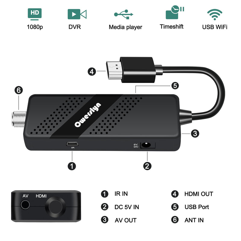 Digital Converter Box for TV, OWERSLYN 1080P Mini ATSC Tuner Box with TV Tuner, Programs Recording & Playback, USB Media Player, HDMI/AV Output, 3RCA Cables, Set Top Box, 2-in-1 Remote (Television)
