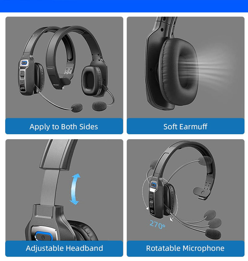 Bluetooth Headset with Microphone,Noise Cancelling with Mute Button, Very Strong Wireless Range, All-Day Comfort On Ear Headphones 60 Hrs Working time for Trucker/Work/PC/Call Center/Meeting/Office
