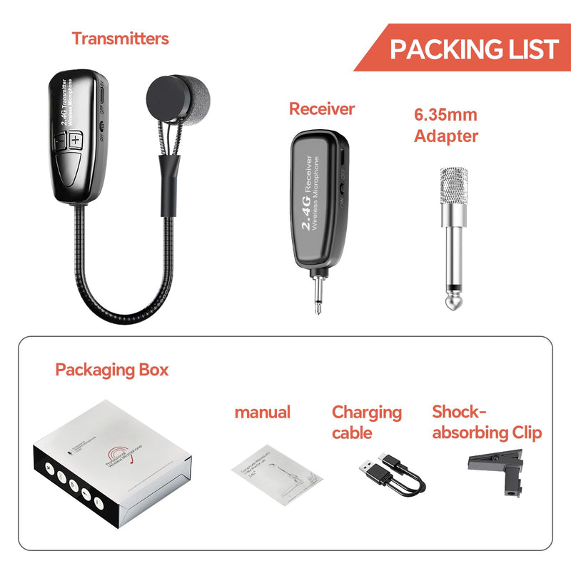 Wireless Saxophone Microphone, 2.4G Clip Instruments Mic, Rechargeable Transmitter and Receiver, 100ft Range, Great for Sax, Trumpet, Tuba, Trombone, Cornet, FrenchHorn
