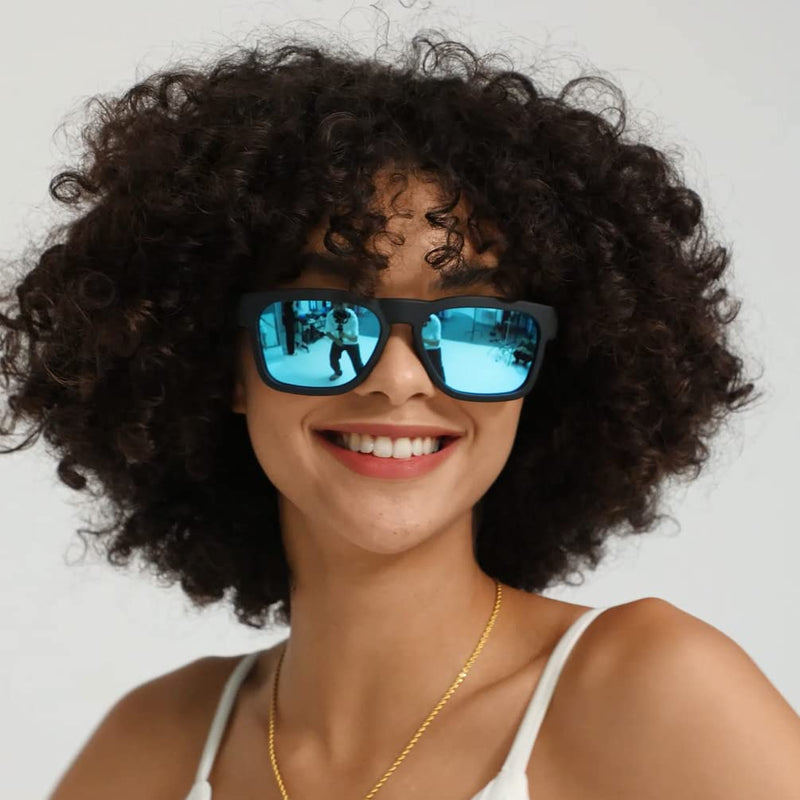 OhO Bluetooth Audio Sunglasses, Lightweight Sport Glasses, 10H Playtime, UV400 ANSI Z87.1, Water Resistant with Voice Control Black丨Ice Blue Lens