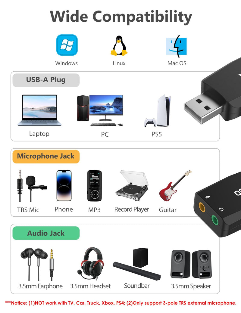 MillSO USB to 3.5mm Audio Jack Adapter [with Internal Recording Function] Portable Computer External USB Sound Card for PC, Recording, Training, Streaming, Podcasting - Black