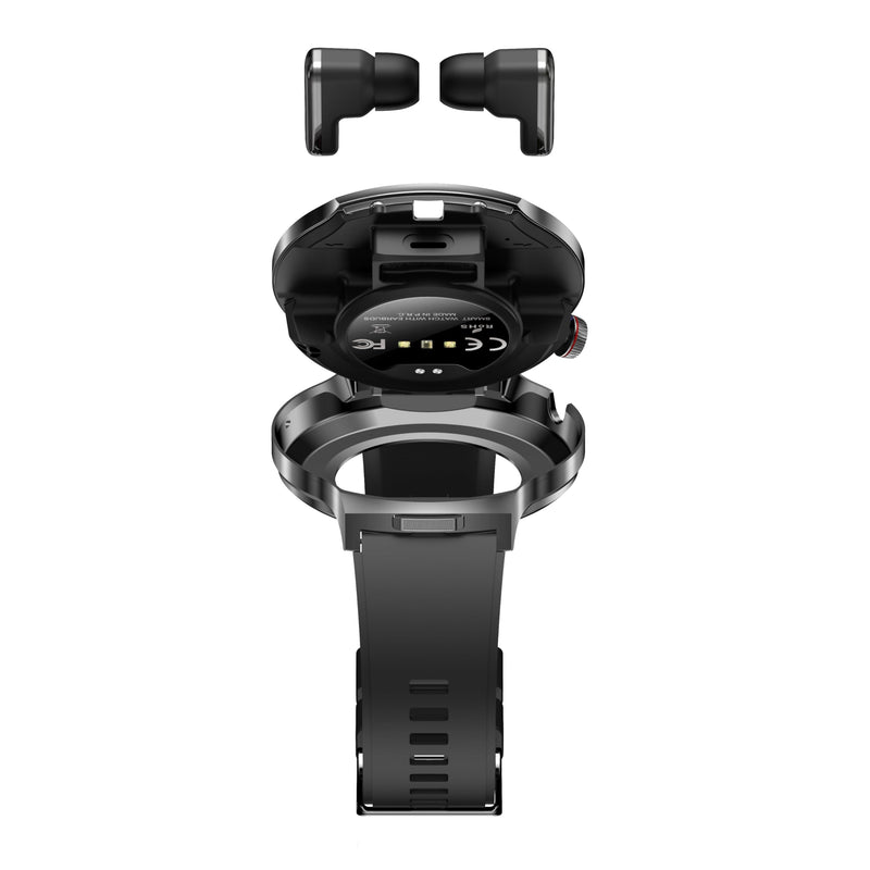 Smart Watch with Bluetooth Earbuds, 1.85-Inch Round HD Screen, Military Style, IP67 Waterproof, 100+ Sports Modes, Heart Rate Monitor, Sleep Tracker, Music Control Black