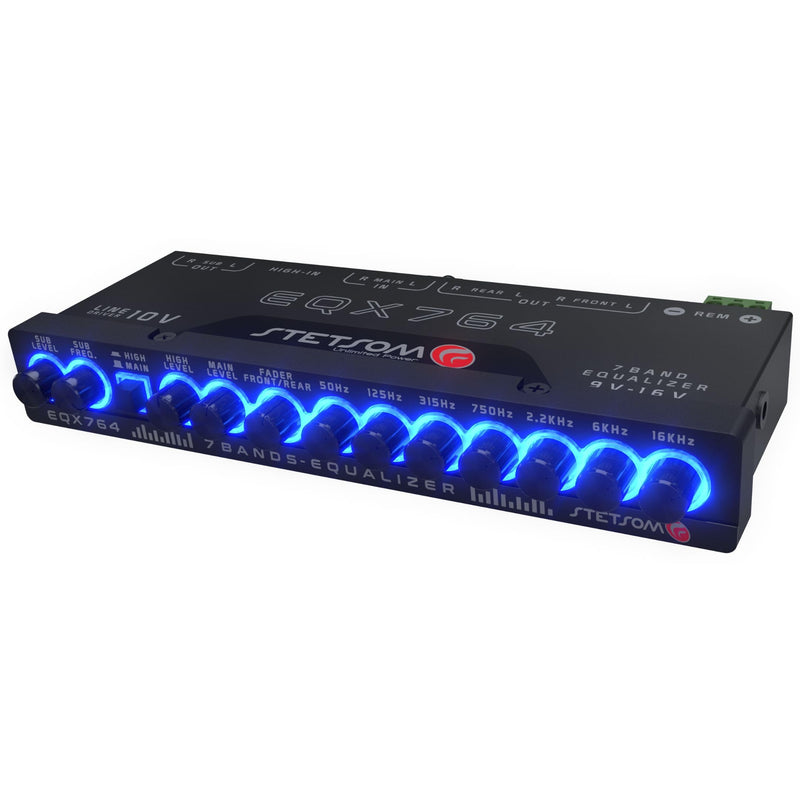 Stetsom EQX764 Graphic Equalizer 7 Band Equalization with 4 Input and 6 Output Channels, Input Channel Selection Switch (MAIN or HIGH), Level Controls for Each Input (MAIN or HIGH), Modern Blue LED