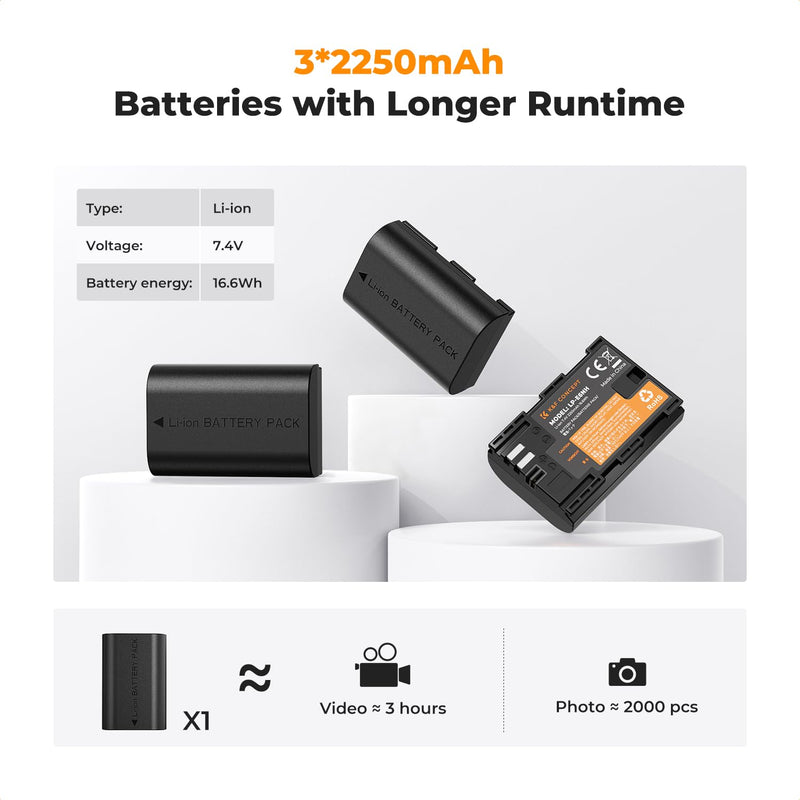 K&F Concept 3-Pack LP-E6NH Battery and Triple Slot Charger for Canon EOS R5, R6, R, 6D Mark II, 5D Mark IV, 5D Mark III, 5DS, 5DS R, 5D Mark II, 80D, 90D, 6D, 7D, 7D Mark II, 2250mAh