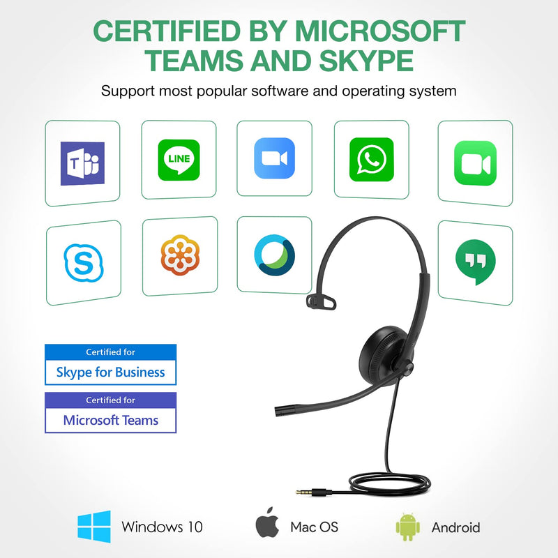 Yealink Headset with Microphone 3.5mm Headphone with Mic for PC Computer Laptop Phones Teams Certified Work Office Headset Mono