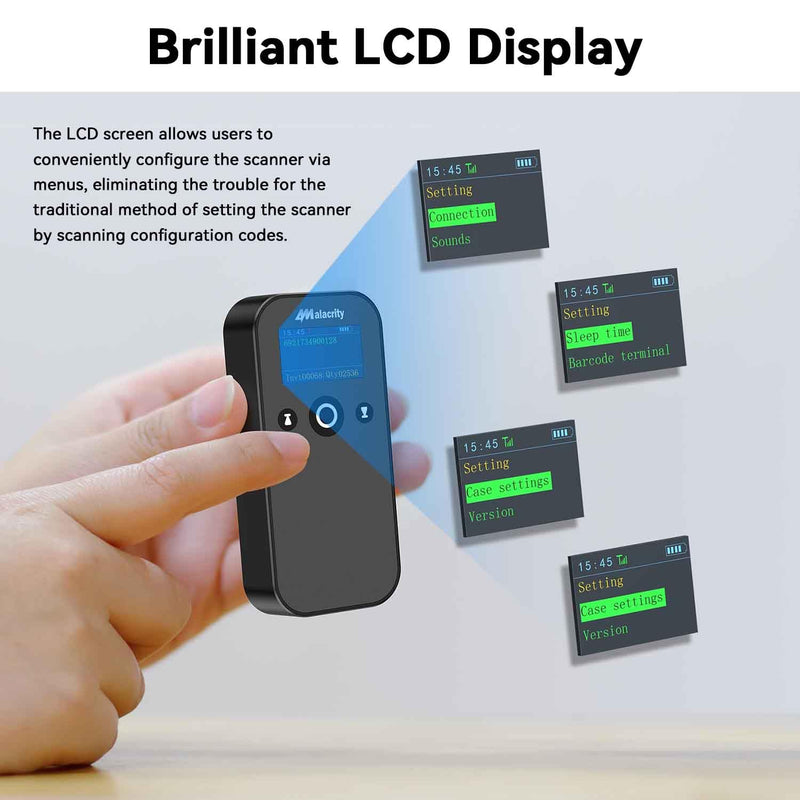 Alacrity Portable 1D 2D Wireless Barcode Scanner with LCD Display, Bluetooth 2.4 GHz Wiredess USB Wired 3 in 1, Lightweight Mini QR Code Readers for Computer, Tablet, Smartphone Black-2D