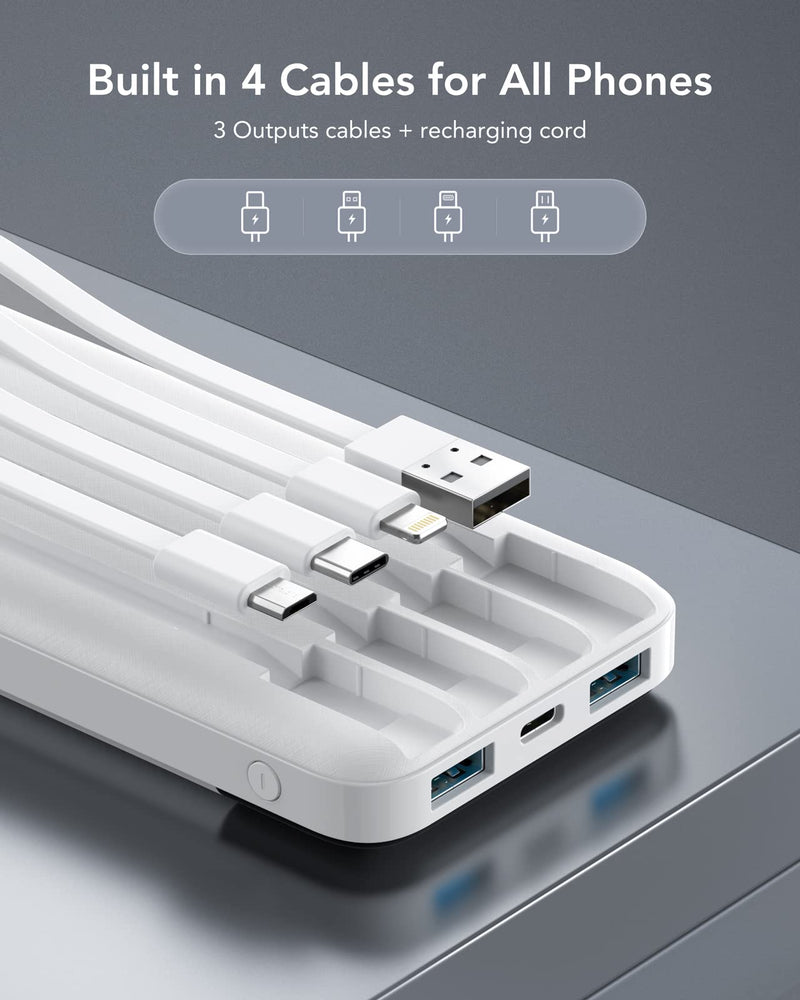 Portable Charger with Built in Cables, Portable Charger with Cords Wires Slim 10000mAh Travel Battery Pack 6 Outputs 3 Inputs 3A Fast Charging Power Bank for Samsung Google Pixel LG Moto iPhone iPad White