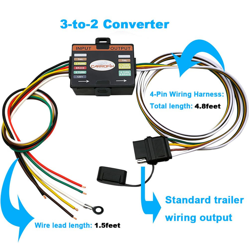 Powered 3-to-2-Wire Trailer Tail Light Converter with 1.5ft Leads and 4.8ft 4-Way Wiring Harness Connector - LED Compatible