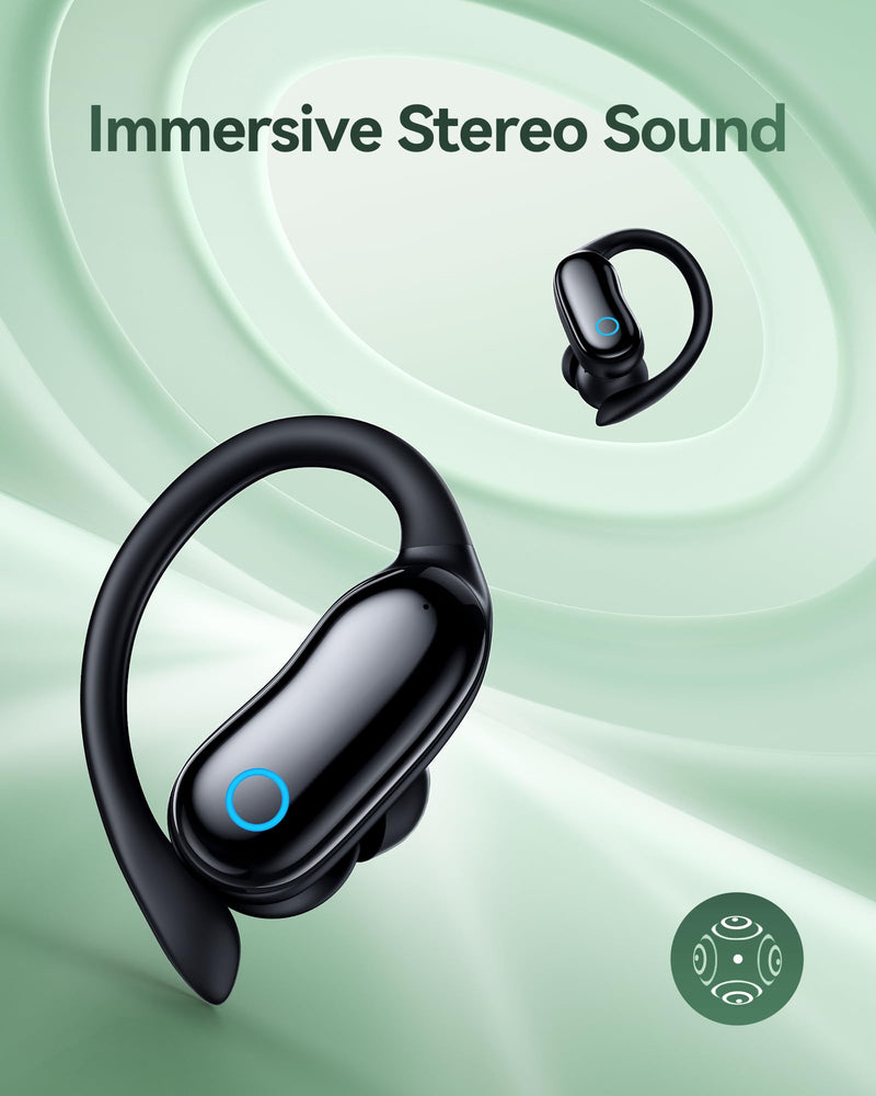 GNMN Active Noise Cancelling Ear Buds Wireless Earbuds 96hrs Playback Bluetooth Headphones Dual Battery Display Stereo Bass Earphones with Earhooks Microphone IPX7 Waterproof for Sports/Runing/Workout Black