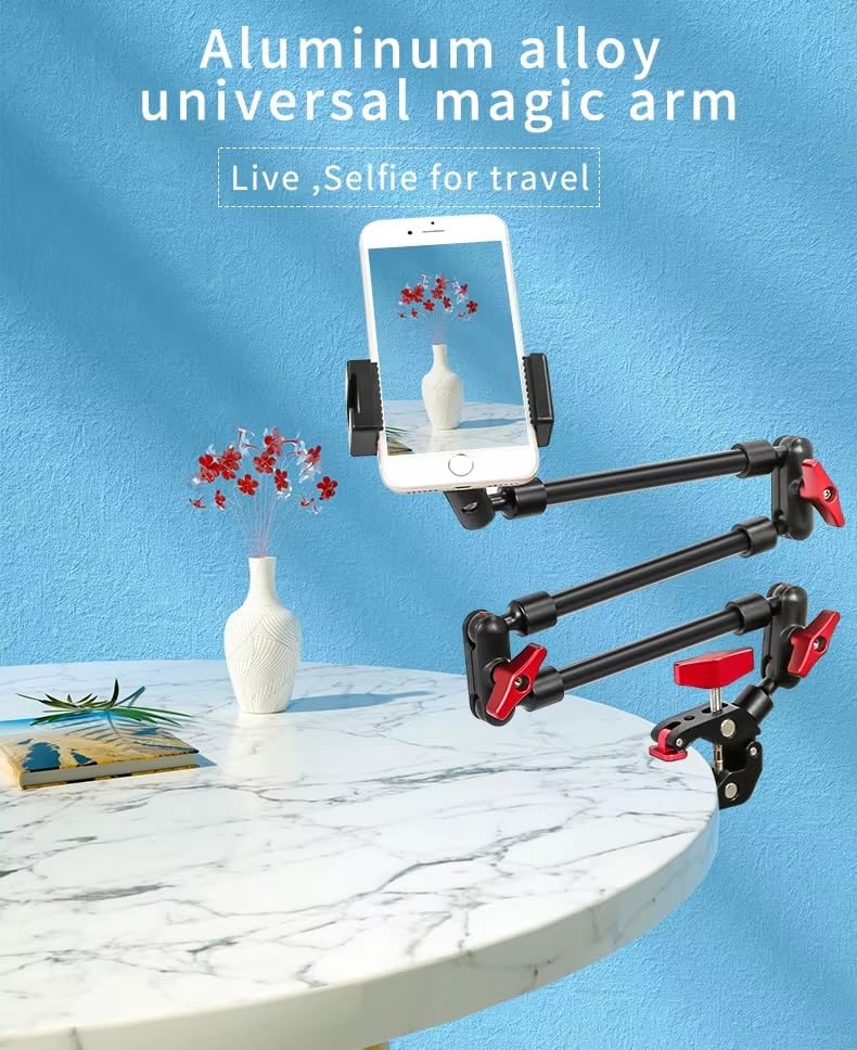 REFLEX CAMERA Adjustable Magic Arm - 80cm - with Universal Phone Holder – Flexible Aluminum Alloy Camera Mount Clamp for Tripod, Overhead Rig, Vlogging, Live Streaming, Photography, Video Recording