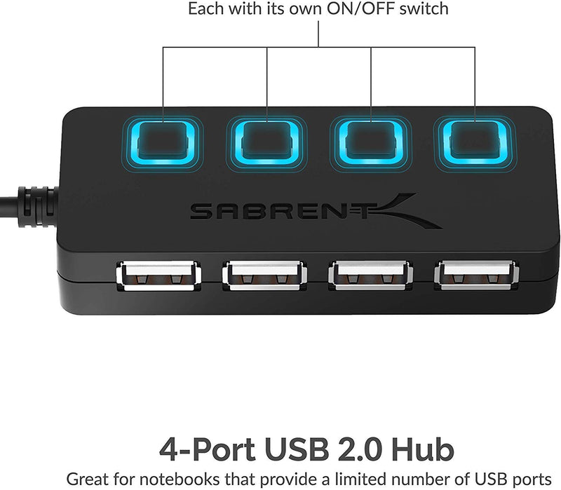 SABRENT 4-Port USB 2.0 Data Hub, LED Power Switches (HB-UMLS) | Individual LED-lit power switches; data only (charging not supported); for Mac & PC USB-A 4-Port
