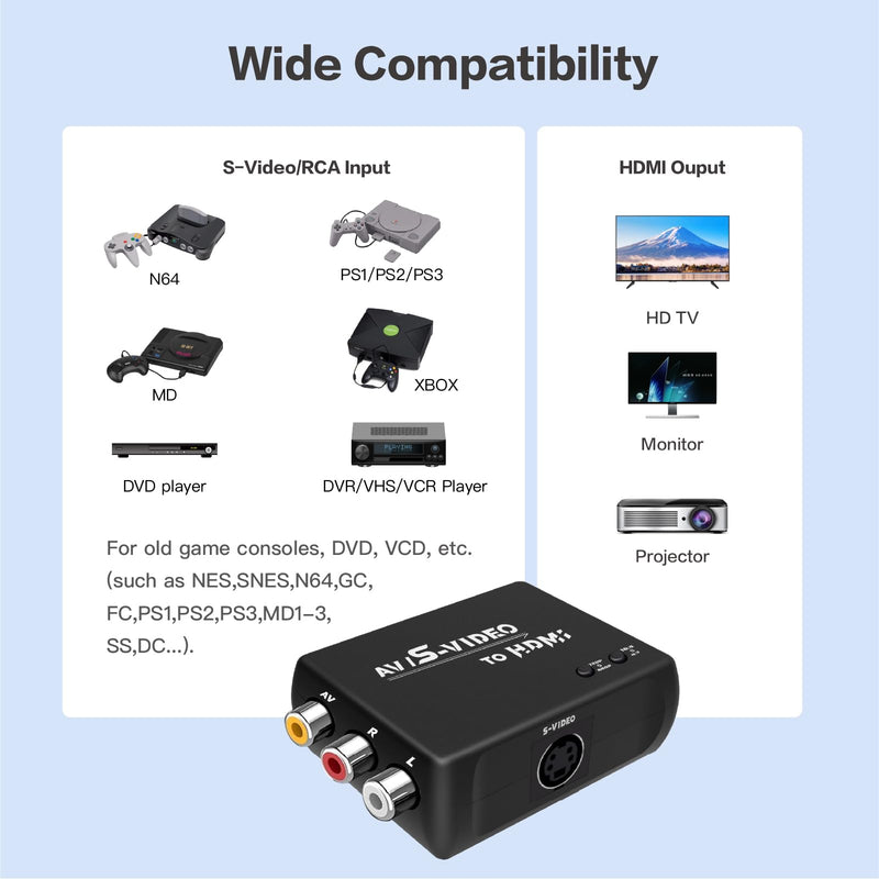 S Video to HDMI Converter,AV to HDMI Converter,Composite to HDMI Converter,CVBS Video Audio Adapter Compatible for PAL/NTSC for TV/PC/PS1/PS2/ STB/XBOX/VHS/VCR/DVD.(Black) Black