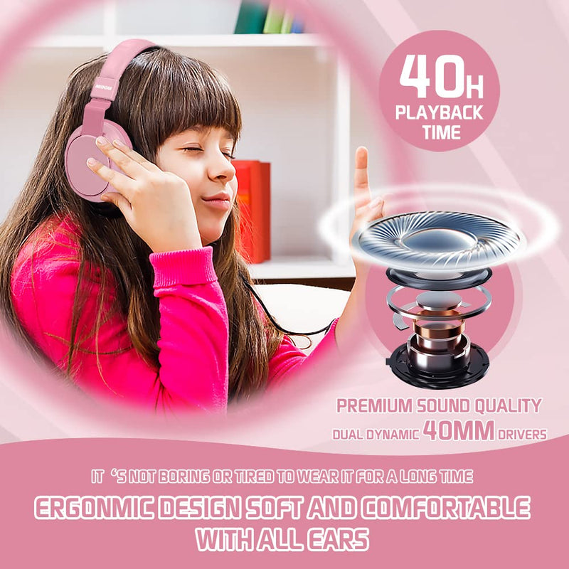 Headphones Kids Bluetooth Wireless Volume Limited 85/110dB Over On Ear Foldable Noise Protection Headset with Cable AUX 3.5mm Mic for Child Boy Girl Travel School Pad Tablet Pink