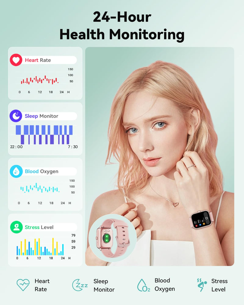 Smart Watch for Women Men, 1.85" HD Fitness Tracker for iPhone Android, Heart Rate/Sleep Monitor, Alexa Built-in, Bluetooth Calls & Text Alerts, 100+ Sports Modes, IP68 Waterproof