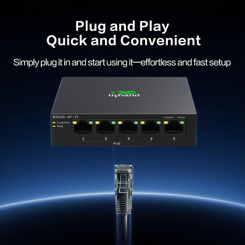 InHand ES220-5T 5-Port Unmanaged Gigabit Switch | Plug and Play Network Extender, Fanless Metal Casing, For Business, Office & Home Network 5-Port Gigabit Ethernet Switch