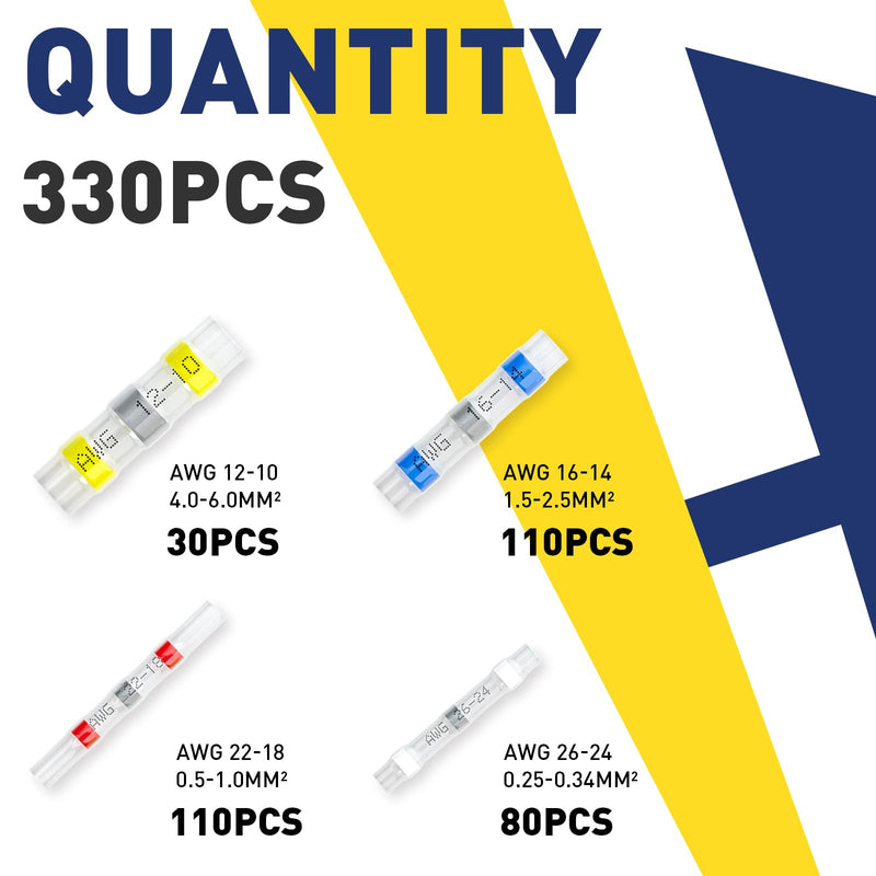 [AUSTRALIA] - 330PCS Solder Seal Wire Connectors-haisstronica Marine Grade - Heat Shrink Butt Connectors-Self Solder for Electrical,Stereo(30Yellow 80White 110Red 110Blue) 330PCS 