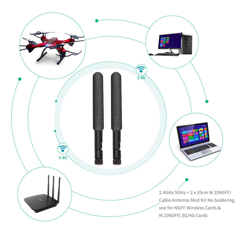 2 x 6dBi 2.4GHz 5GHz Dual Band WiFi RP-SMA Male Antenna | With 2 x 35CM RP-SMA IPEX MHF4 Pigtail Cable, Sturdy Plastic Case, Stable Signal Quality, For M.2 NGFF WiFi WLAN Card
