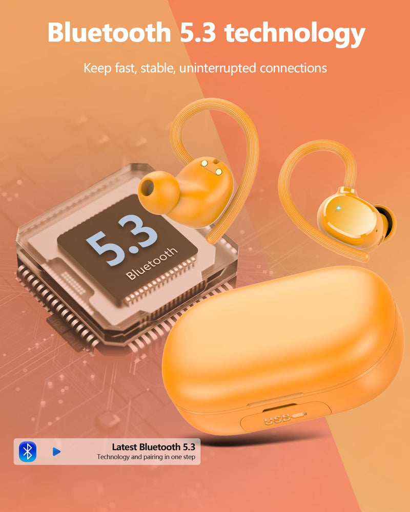 Ear buds Wireless Bluetooth Earbuds Sport 2026 NEW Bluetooth 5.3 Headphones with LED Display 128H Playtime Powerful Bass Over Ear Earphones with Earhooks IP7 Waterproof for Gym/Running/Workout Orange