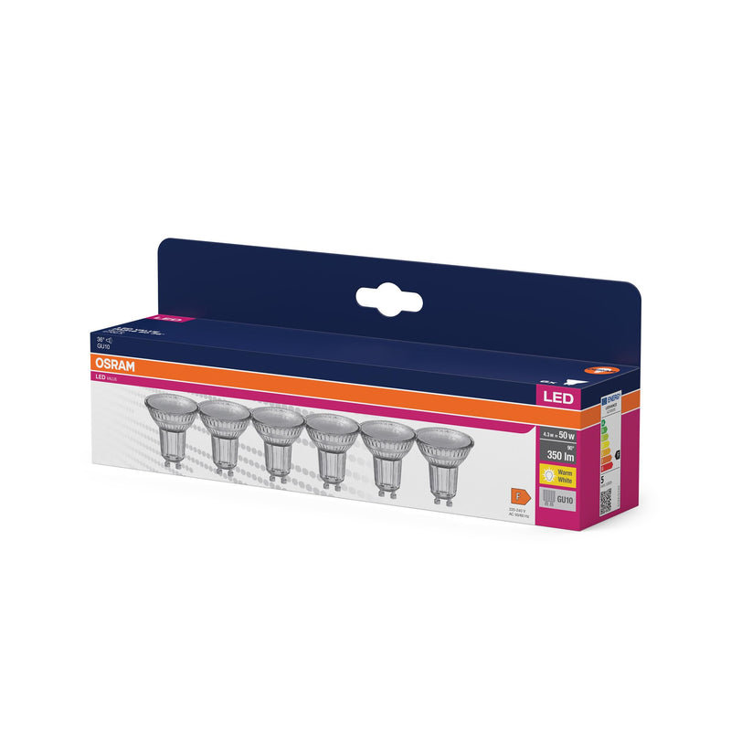 OSRAM LED Star Value PAR16 Value Pack of 6 Bulbs, Replaces Conventional 50 W Reflector Bulbs, Warm White (2700 K), 4.3 W, GU10 Socket, Filament Glass, Not Dimmable, White 50W-Ersatz 36° beam angle