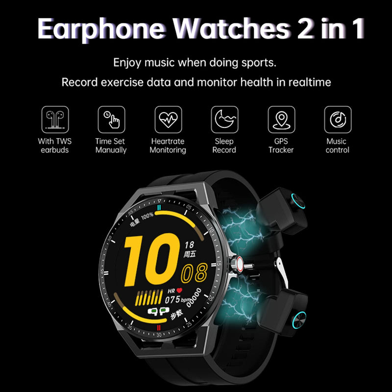 Tuanzi T20 Smart Watch with Earbuds 1.3 Inch Smartwatch Built-in Wireless Combo TWS HiFi Stereo Headset Heart Rate Monitor Fitness Tracker T20-Black