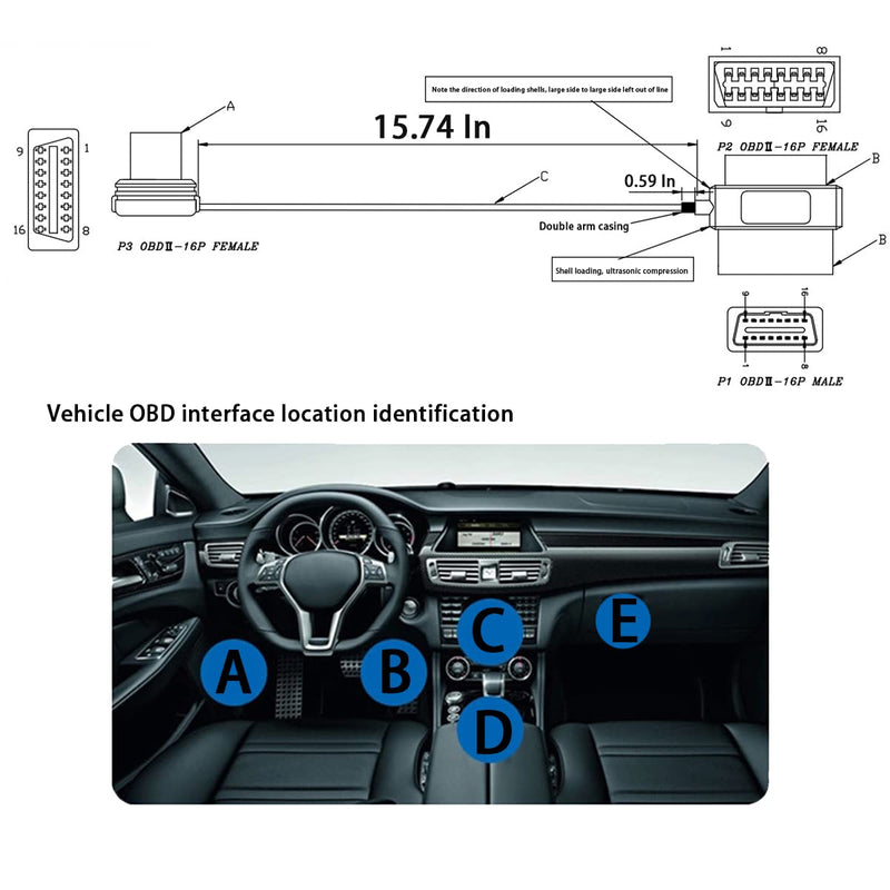 [AUSTRALIA] - bbfly-A9 OBD II OBD2 16 Pin Splitter Extension 1x Male and 2X Female Extension Cable Adapter (2FT/60CM) 1 Pack 