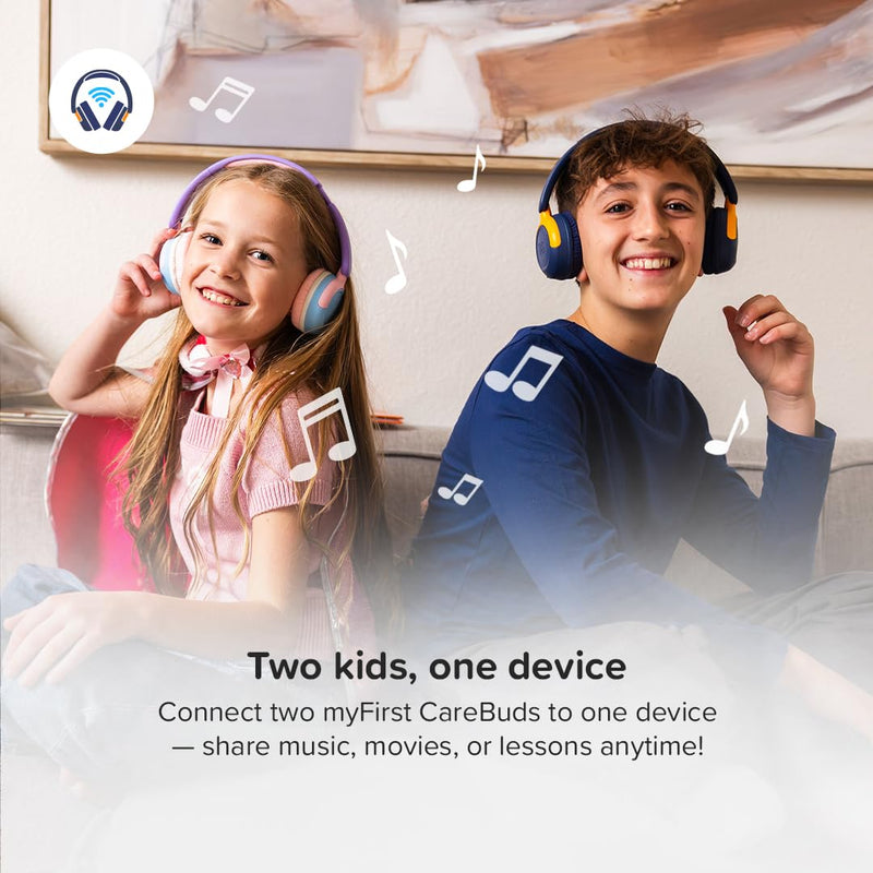 myFirst CareBuds Max Kids Headphones, Wireless & Wired Headphones for Kids | with Mic, Bluetooth, 85/94dB Volume Limit, 52H Playtime, Fast Charge, Dual Audio Sharing, on Ear Toddler Headphones Cotton Candy