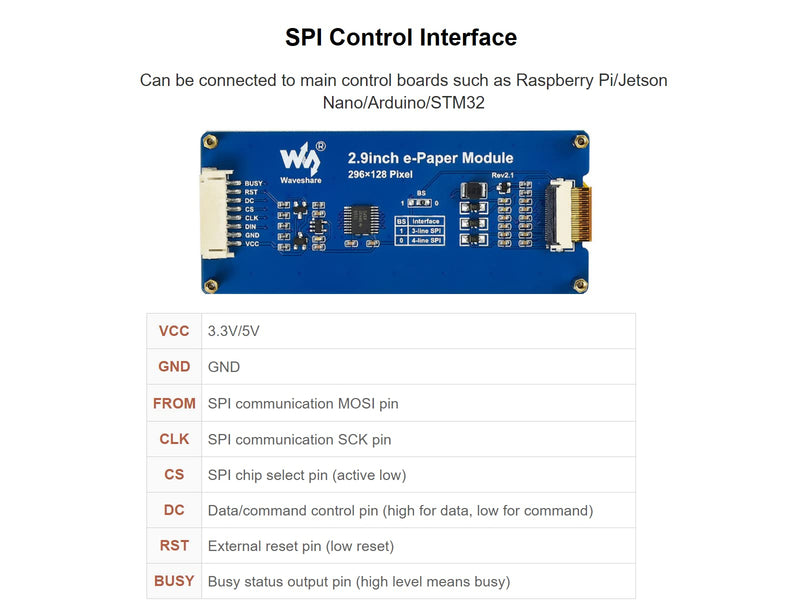 2.9 inch E-Paper Module 296 x 128 Resolution 3.3 V/5 V Two-Colour E-Ink Display Module epaper Screen SPI Interface for Raspberry Pi/Arduino/Nucleo Support Partial Refresh 2.9inch E-paper Display Module