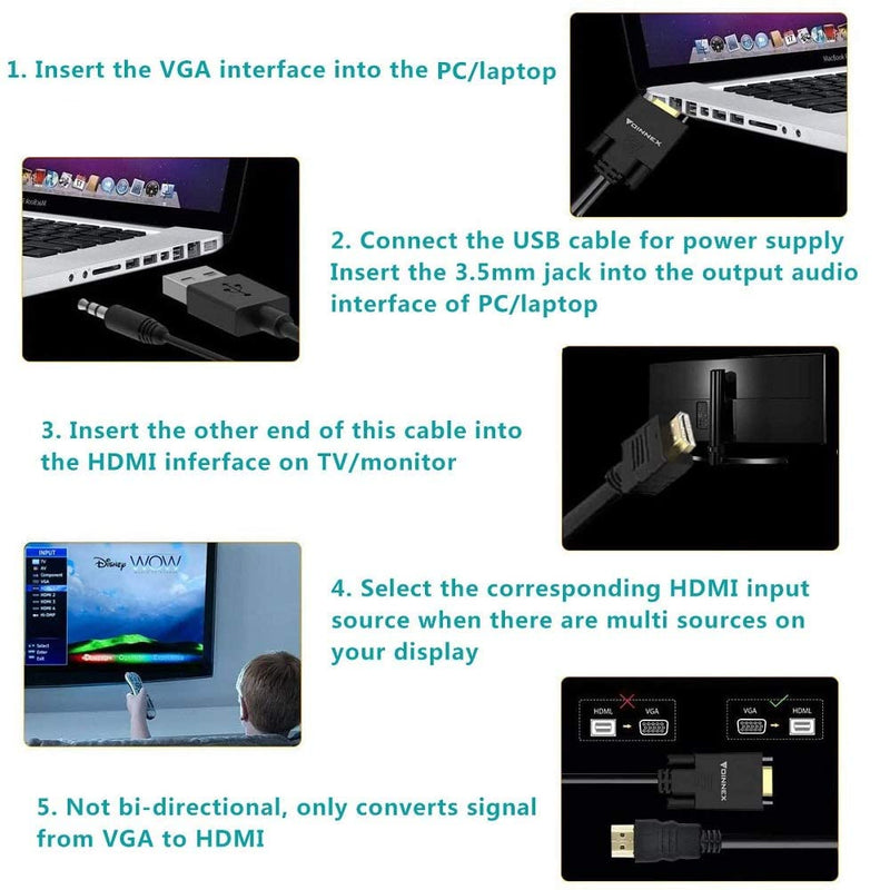 FOINNEX VGA to HDMI Adapter Cable, 33FT/10M, 1080P for Old PC to New Monitor/TV