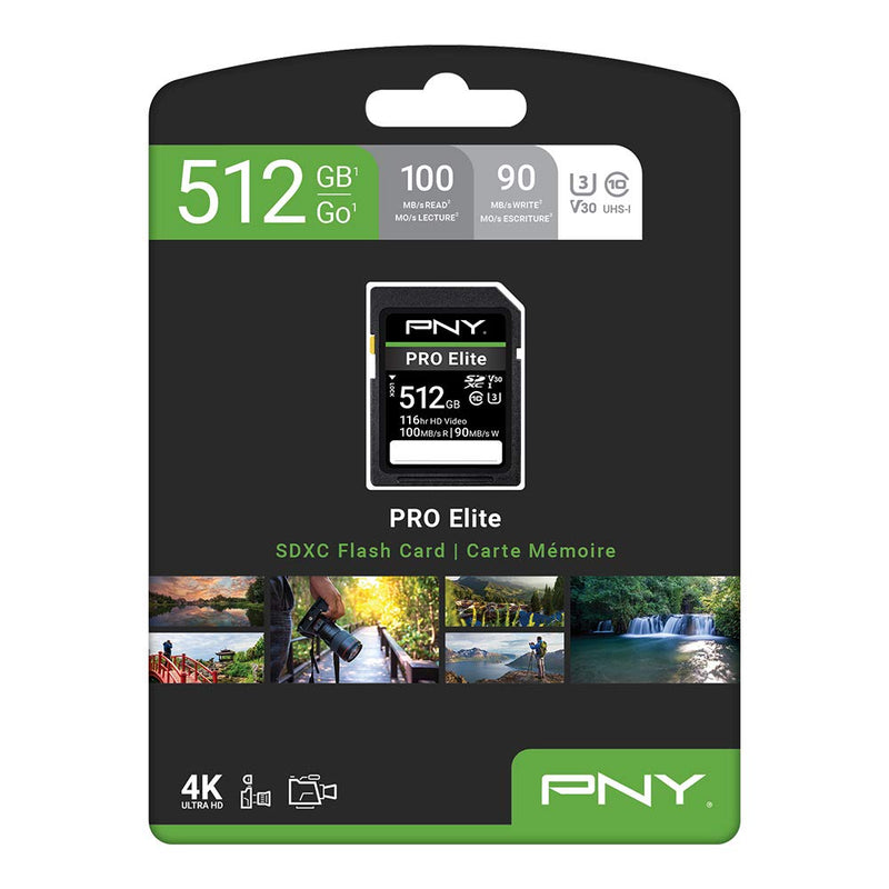 PNY 512GB PRO Elite Class 10 U3 V30 SDXC Flash Memory Card - 100MB/s, Class 10, U3, V30, 4K UHD, Full HD, UHS-I, Full Size SD