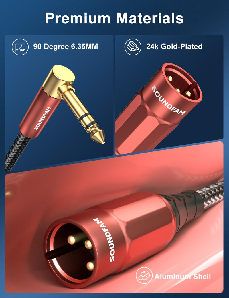 XLR Male to 1/4 Inch 90 Degree Right Angle 6.35mm TRS to XLR Male Balanced Interconnect Cable for Guitar, Subwoofer, Mixer, Amplifier(6Feet/2M) 6 Feet Wine Red_XLR Male to 1/4" 6.35mm