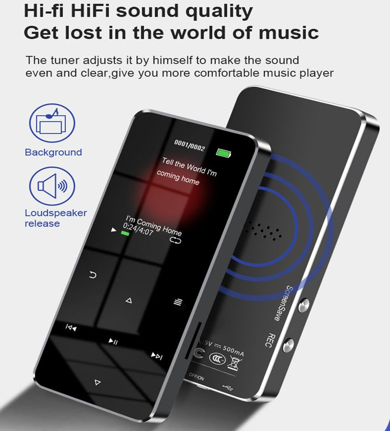 [AUSTRALIA] - 64GB MP3 Player with Bluetooth 5.0 2.0 inch Screen Touch Button Portable Hi-Fi Lossless Music Player Speaker with FM Radio Recorder Alarm Clock Pedometer Wired Headphone Support Card (Black) 