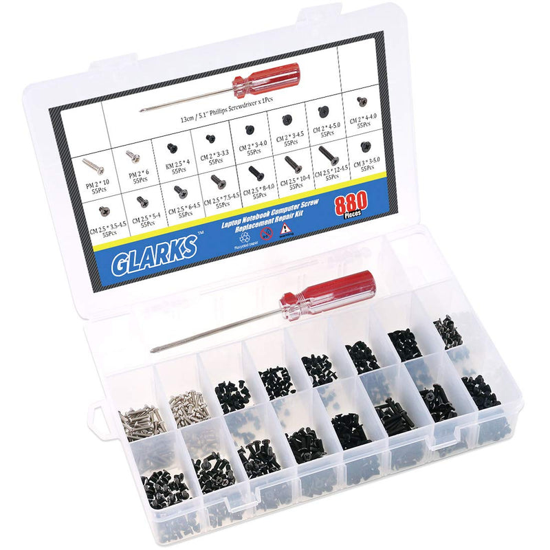 Glarks 880pcs Laptop Notebook Computer Screw Replacement Repair Kit for Lenovo Dell Toshiba Sony Samsung HP Gateway (Extra: Phillips Screwdriver)