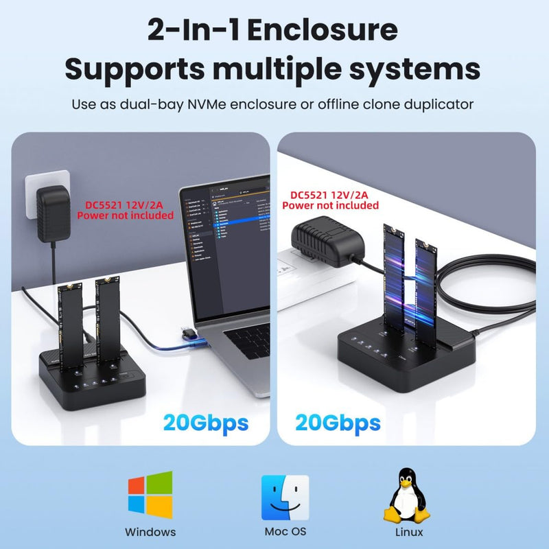 chenyang USB 3.2 Gen 2X2 20Gbps Dual Bay M.2 NVME SSD Cloner Dock Enclosure Adapter for Clone and Read Support One Cllick Offline Clone Adapter + Cable