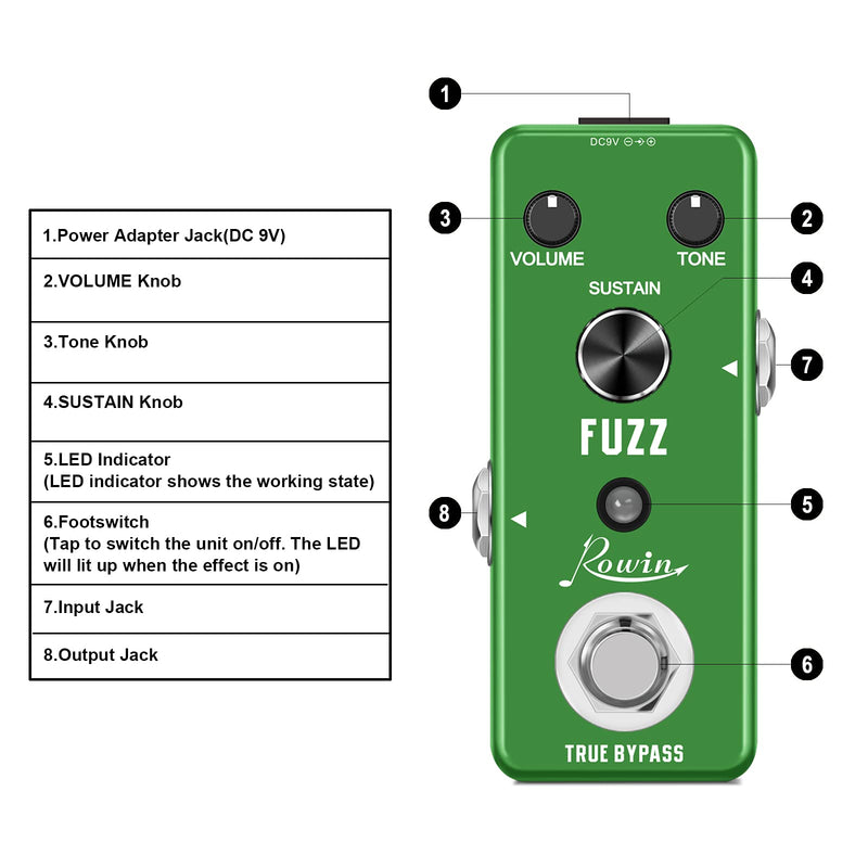 Rowin Analog Fuzz Pedal for Electric Guitar Bass True Bypass LEF-306
