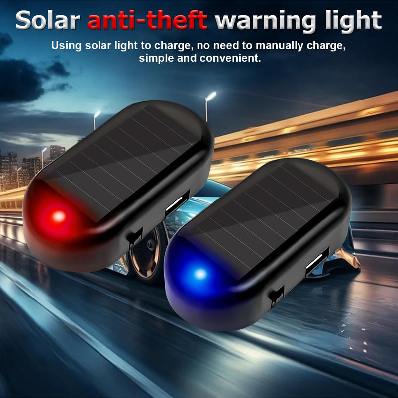 2PCS Car Solar Power Simulated Dummy Alarm, Warning Anti-Theft Vehicle LED Flashing Security Light Fake Lamp with USB Charger Port, Auto Interior Accessories, Universal for Most Cars (Blue/Red) Blue/Red 2PCS