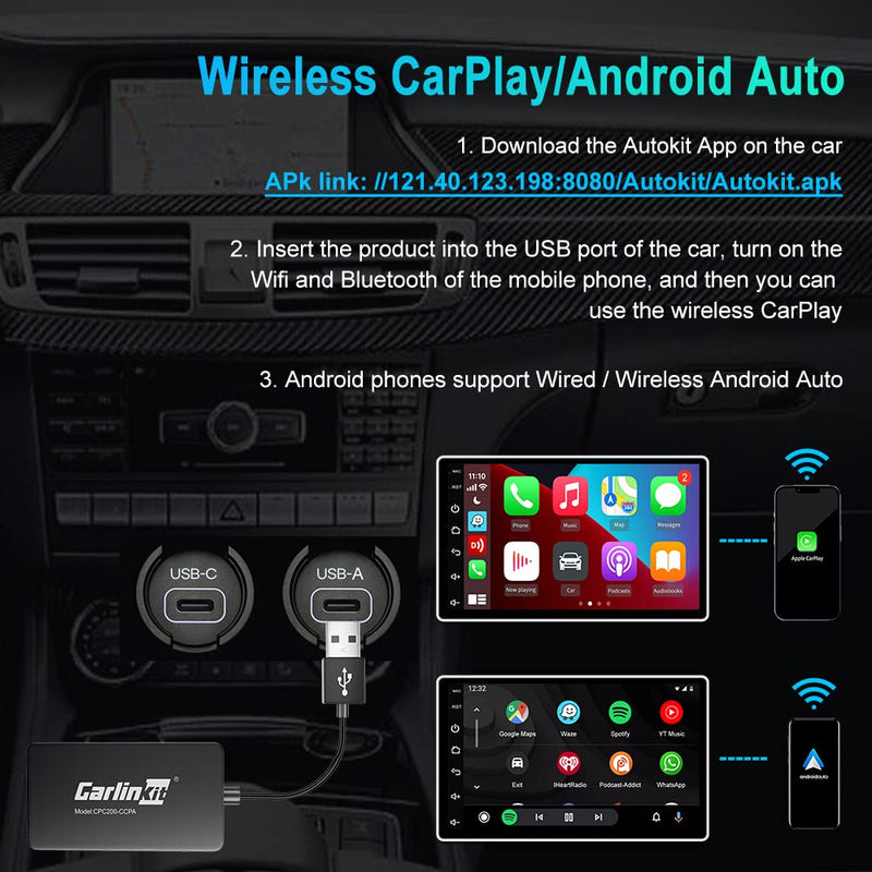Carlinkit Wireless CarPlay USB Adapter CPC200-CCPA for Android Car Radios | for Android Version 4.4.2 or Above. APK must be installed. Supports screen mirroring. To Wireless CarPlay Android Auto