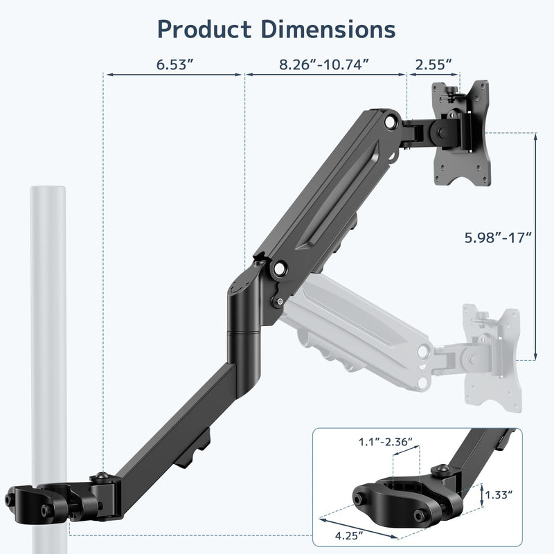Height Adjustable Pole Mount Monitor Arm for 17"-32" with Gas Spring | Universal Full Motion TV Pole Mount Holds up to 19.8 lbs, VESA 75x75 and 100x100mm, Black