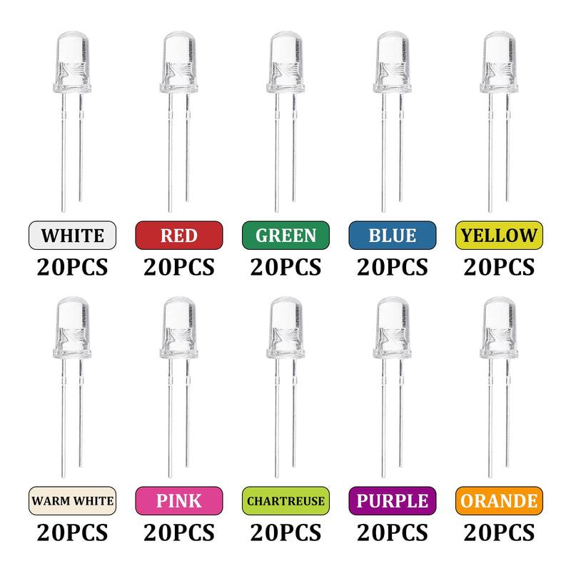 LED Diode 3 mm Light Emitting Diodes Set Warm White Red Blue Green Chartreuse White Orange Purple Pink Yellow Diodes 2 Pin (10 Colours, Pack of 200)