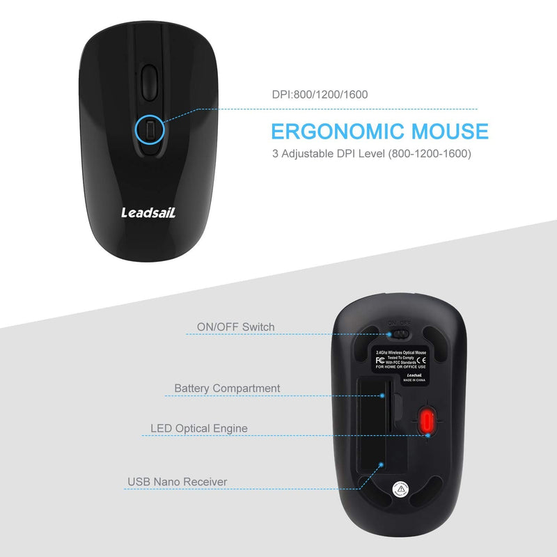 LeadsaiL Wireless Keyboard and Mouse, Wireless Mouse and Keyboard Combo, Cordless USB Computer Keyboard and Mouse Set, Ergonomic, Silent, Compact Slim for Windows Laptop, Apple, iMac, Desktop, PC Black