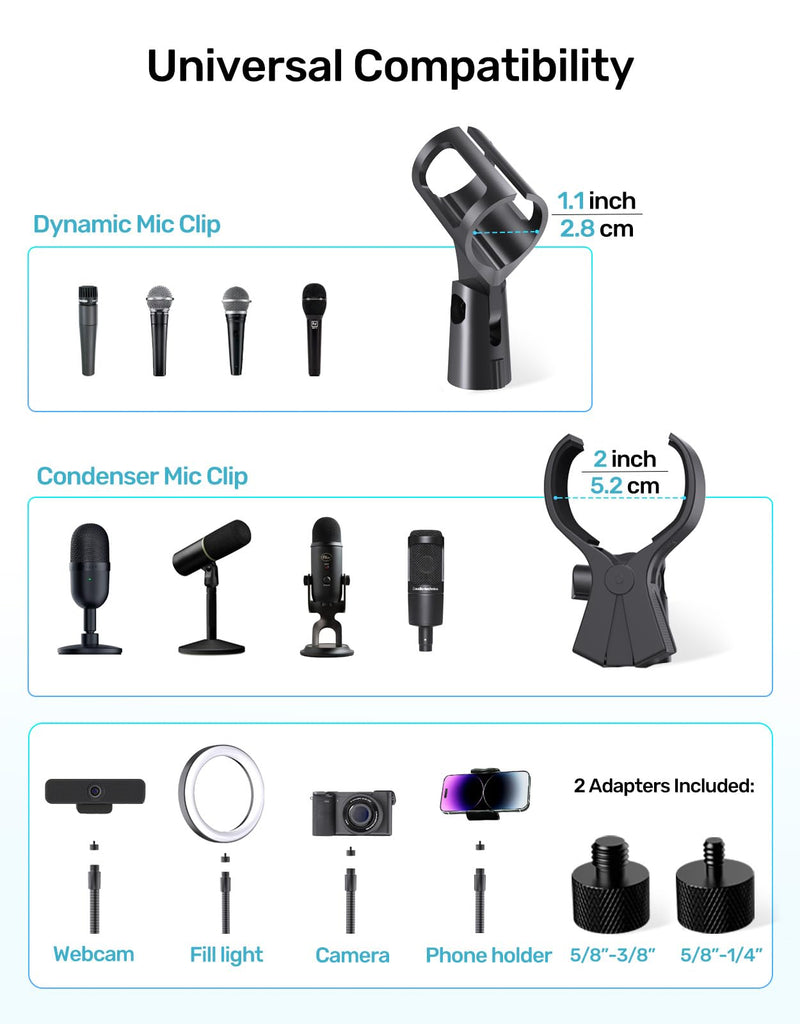 Gooseneck Mic Stand with Clamp, 19-Inch Flexible Desktop Microphone Arm Holder with 3/8" & 1/4" Screw Adapters, 360° Adjustable, Ideal for Podium, Pulpit, Lecture, Conference and Live Streaming
