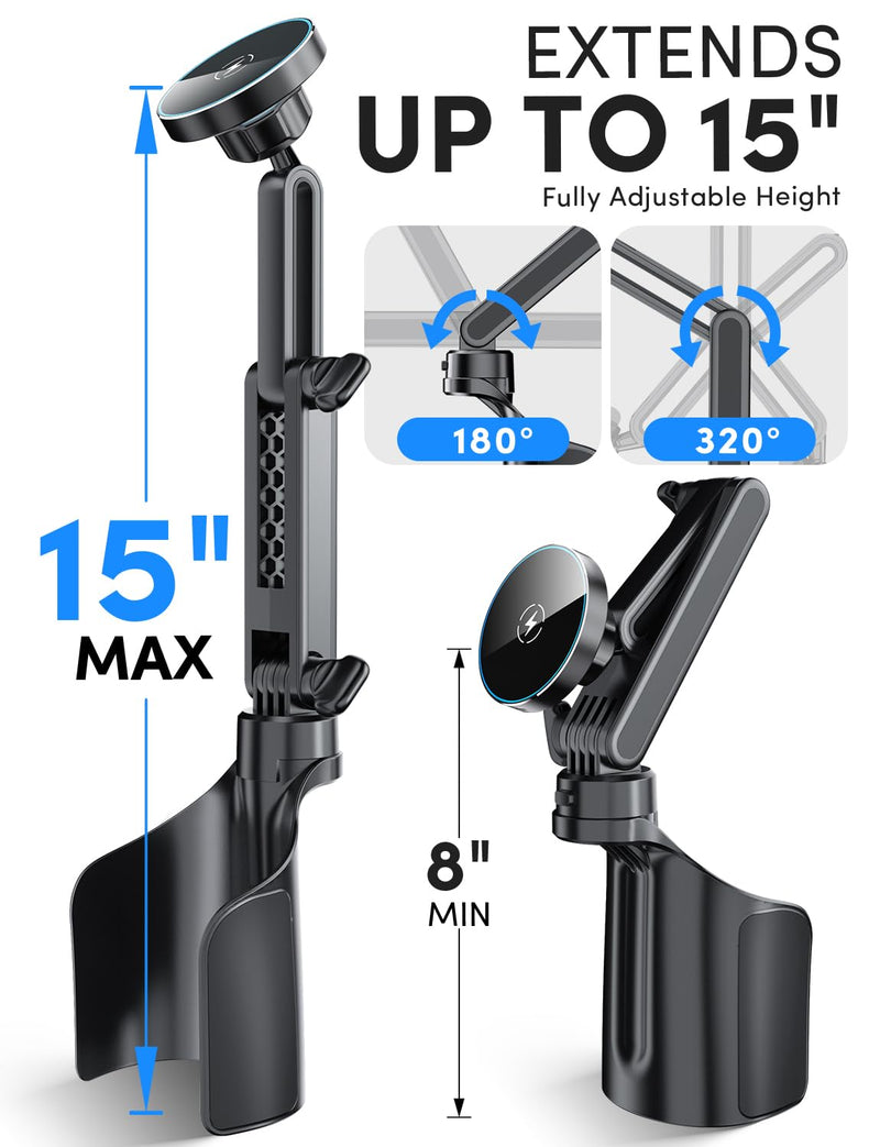 ELWEY for Magsafe Car Mount Charger Wireless, Upgraded 3 in 1 Cup Phone Holder with Dual Flexible Bases, 15W Fast Charging Phone Holder Magnetic, Powerful N55 Magnet, 15" Height, for iPhone 17 16 15