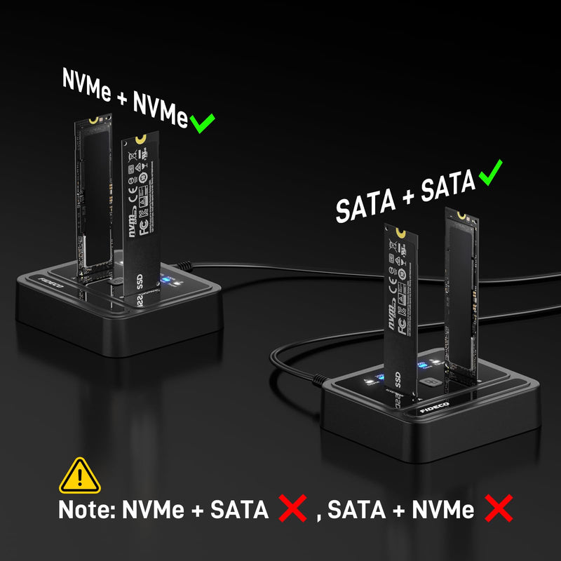 FIDECO M.2 NVMe SATA SSD Cloner Dock, USB 3.2 Gen 2 X 2, 20Gbps M.2 NVMe Cloner Duplicator, Support Offline Clone, UASP and Trim, Plug and Play, Black
