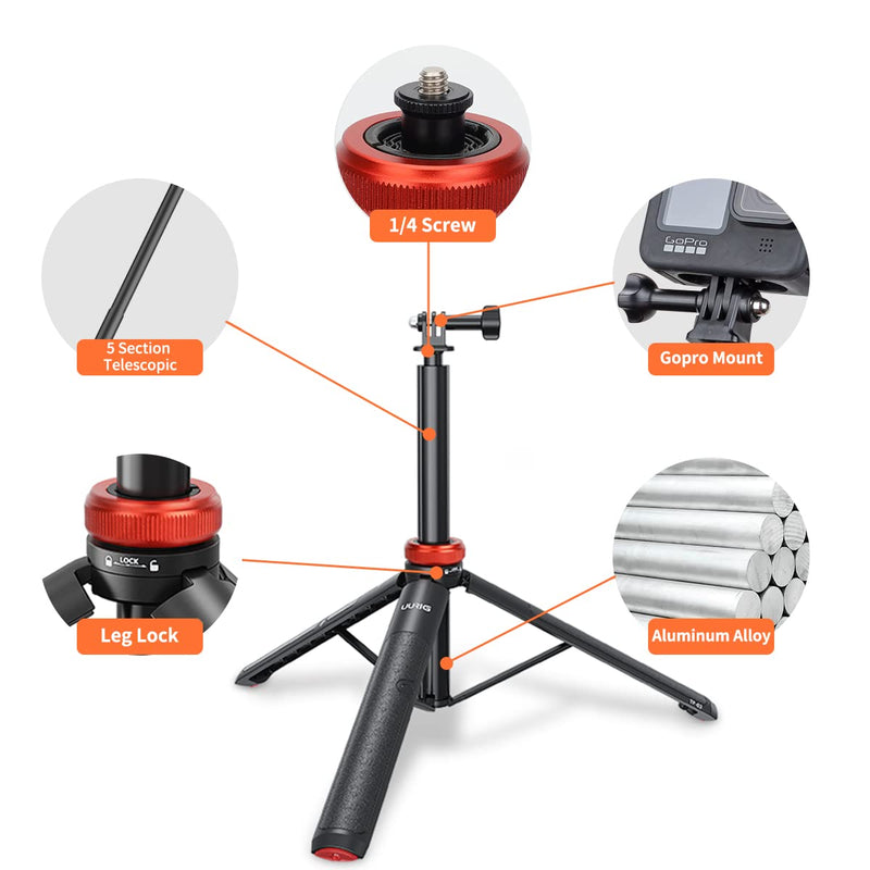 UURig Telescopic Selfie Stick Long with Tripod, Waterproof Hand Grip, for Insta360 GoPro Hero 10 9 8 7 6 5 4 3 2, Fusion, Max, Session, AKASO, SJCAM, DJI OSMO GoPro A0009