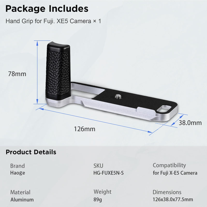 [AUSTRALIA] - Haoge Handle HandGrip for Fujifilm X-E5 Camera Body L-Shape Grip Bracket HG-FUXE5N-S Silver with Arca-Swiss Standard Plate Silver-Plate 