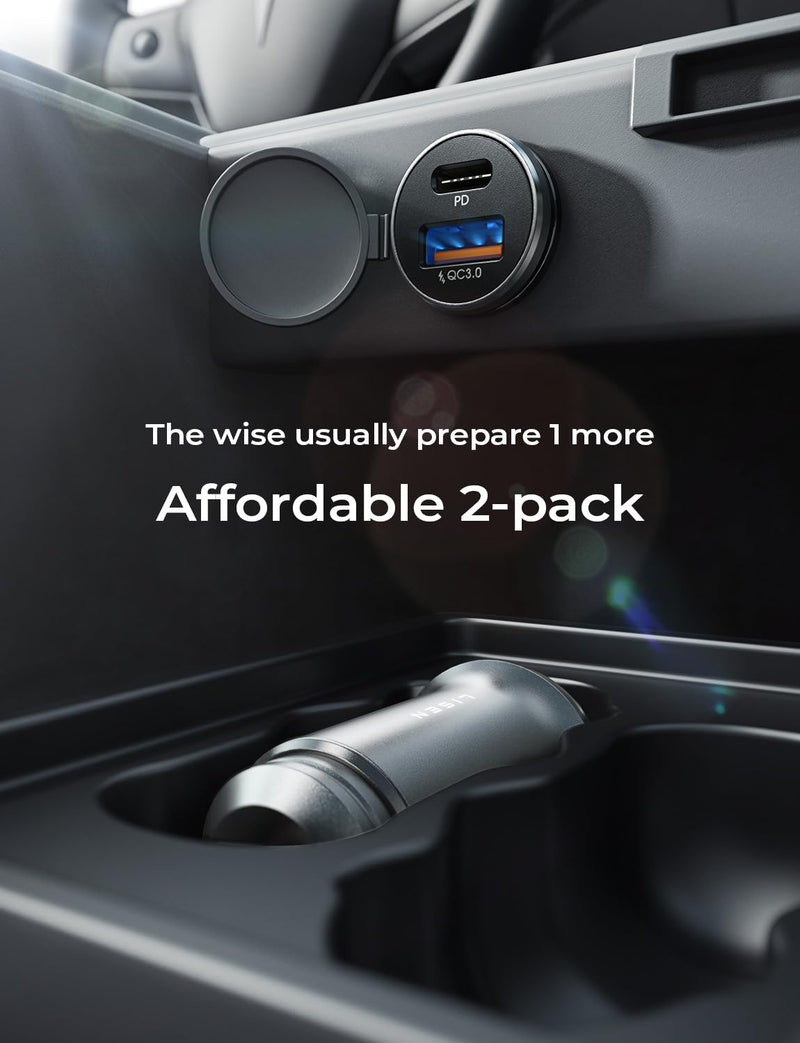 LISEN 48W USB C Car Charger Adapter [2 Pack] [Mini & Metal] Cigarette Lighter USB Charger Fast Charging [PD QC 3.0] USBC Car Phone Charger for iPhone 17 Pro Max Plus 16 Galaxy iPad Silver Kits
