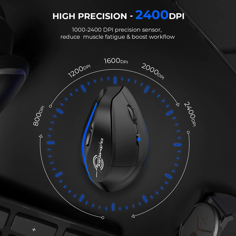 ECHTPower Rechargeable Ergonomic Mouse, 2.4G Wireless Vertical Mouse-Reduce Wrist Pain, 3 Adjustable DPI 2400/1600/1000, 6 Button, LED Wireless Mouse for Laptop, Computer, Desktop, Windows, Mac OS