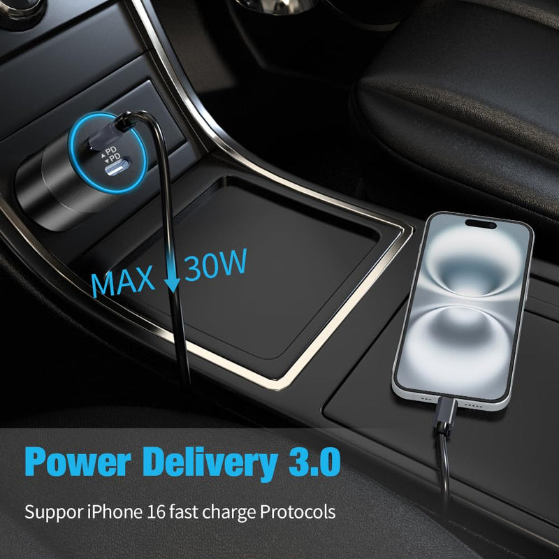 6 Pack 60W USB C Fast Car Charger 2-Port Adapter for iPhone/Android Phones | Dual 30W PD/PPS 12V Cigarette Lighter Bundle Charging for iPhone 17 16 15 14, iPad, Samsung Galaxy S26 S25, Google Pixel 10 9