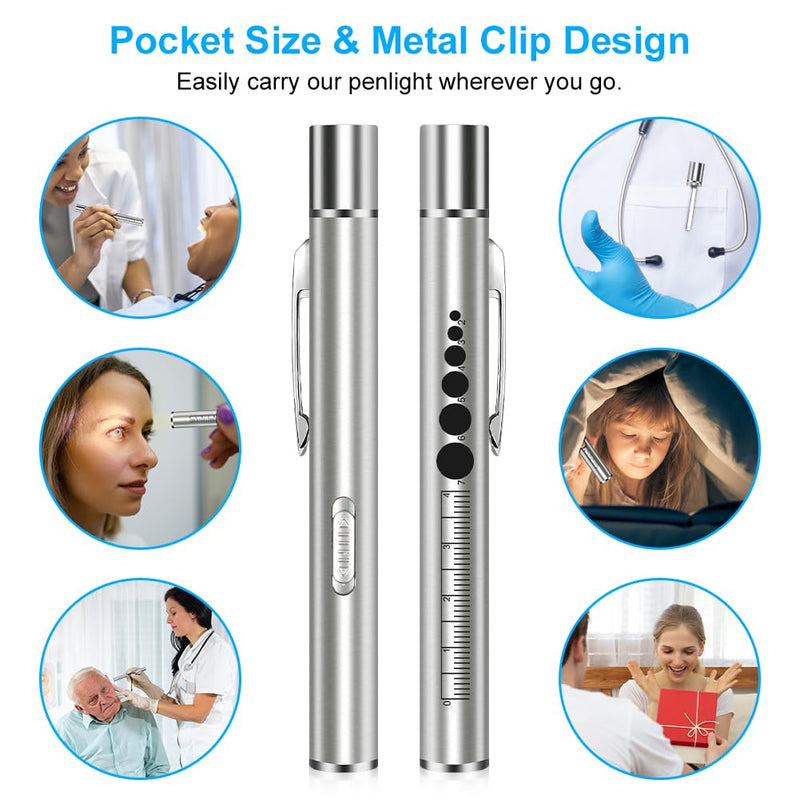 Flintronic 2 x Pupil Light Medicine, Diagnostic Light Nurse Emergency Service Accessories, with Pupil Meter & Ruler, Rechargeable USB LED Pen Lamp for Nurses, Students, Doctors 2pcs-silver