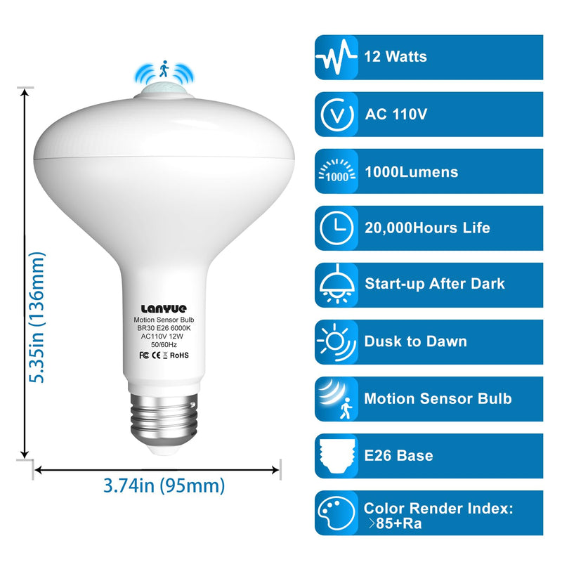 [AUSTRALIA] - Motion Sensor Light Bulbs, Dusk to Dawn Motion Activated Security Lights, 12W BR30 Motion Detector Led Bulb, 100 Watt Equivalent, E26 6000K Daylight, Suitable for Indoor/Outdoor, (4 Pack) LY-BR30H001 
